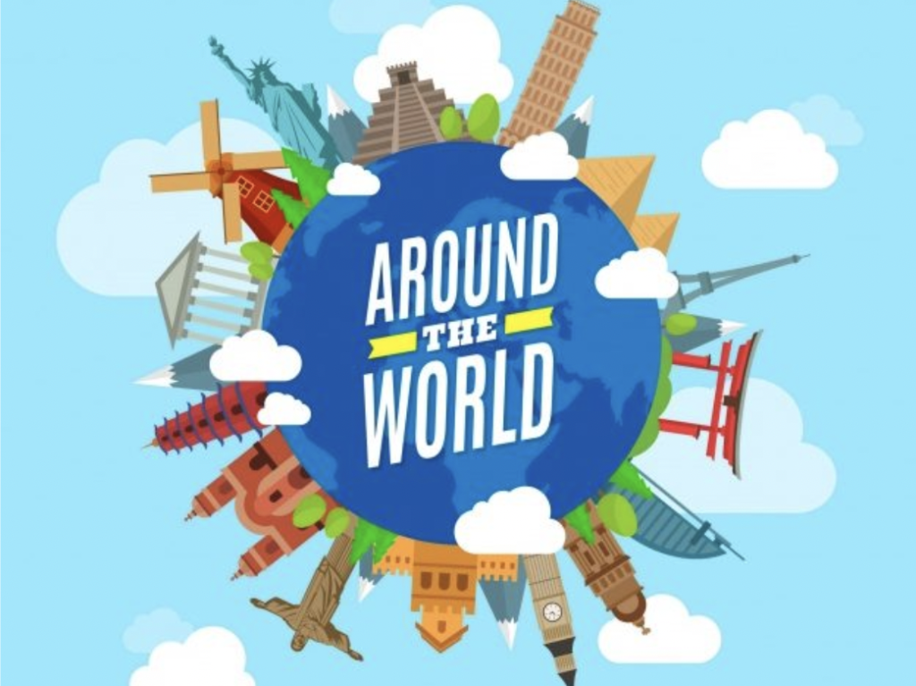 A circle with the text 'Around the world' inside it. Clipart of the wonders of the world around the circle.